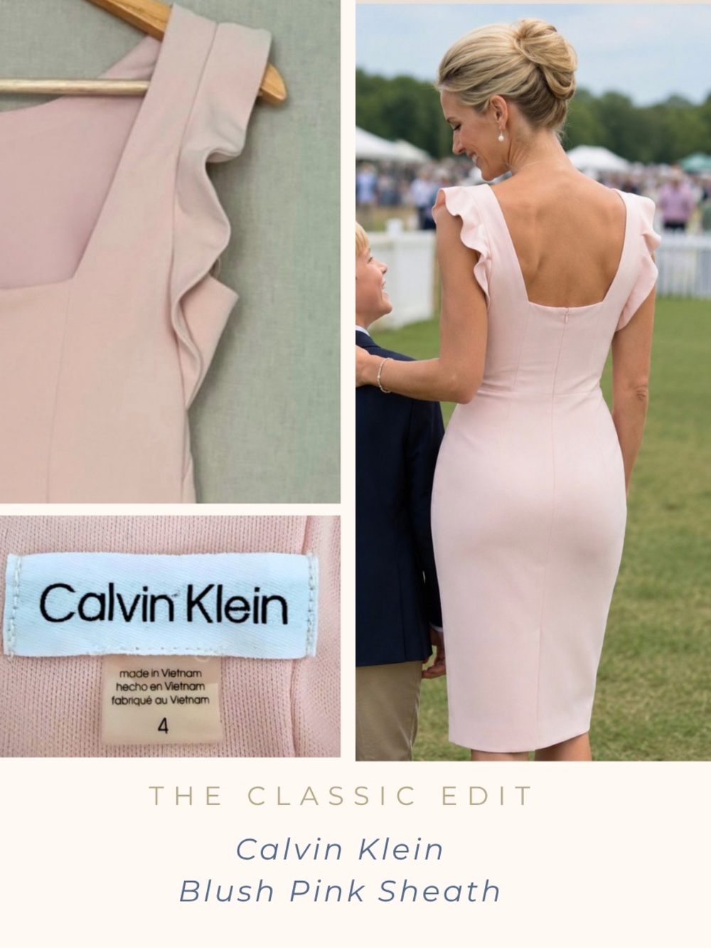Calvin Klein Blush Pink Sheath Dress | Ruffle Cap Sleeve | Square Back | Lined